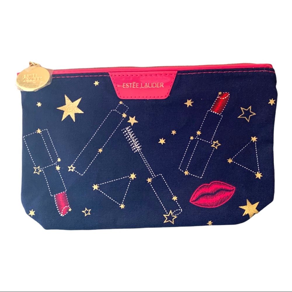 NWOT Estée Lauder Stars Lipstick Kisses Makeup Bag Cosmetic Case Blue Pink
